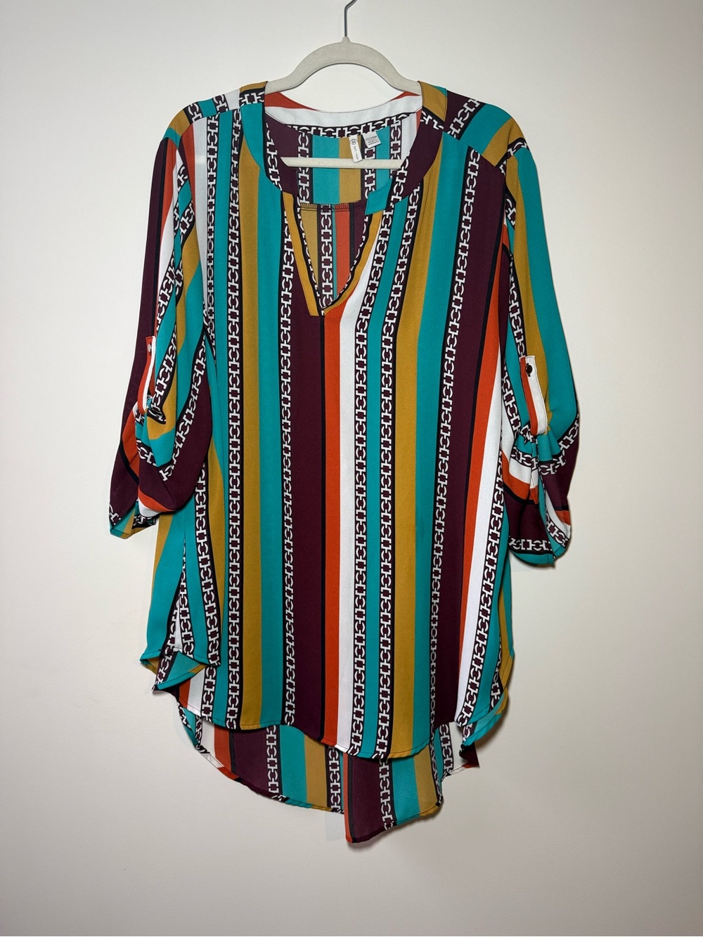 Cato Teal Burgundy Mustard Striped V-Neck Tunic